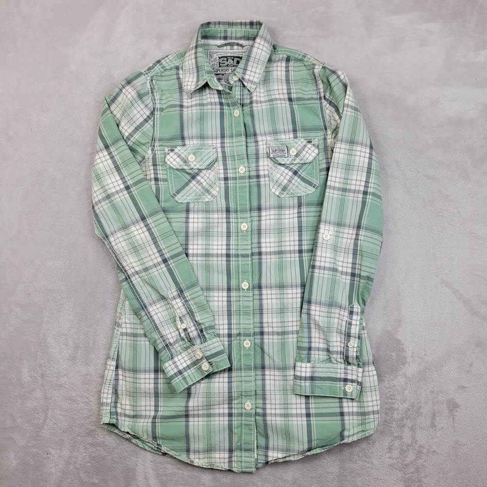 Superdry Shirt Womens Small Plaid Button Up Top Casual Western Long Sleeve Green